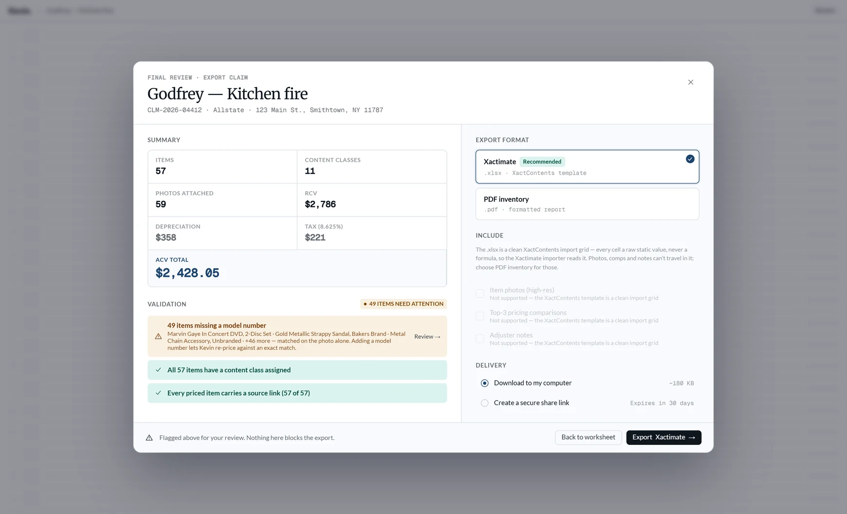 Kevin export modal — Xactimate Excel XactContents template, client PDF and full bundle