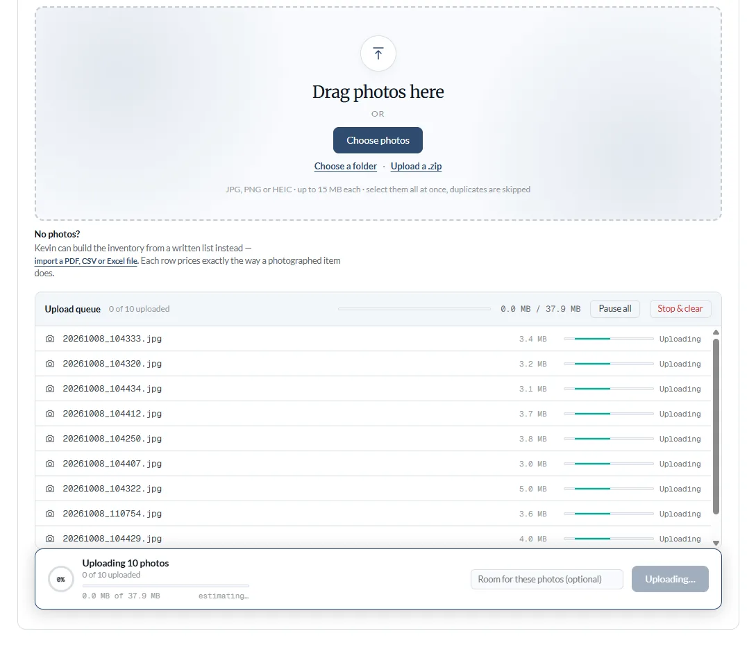 Kevin's upload screen: a drop target for photos, a folder or a .zip, with a queue showing each file, its size and its upload progress