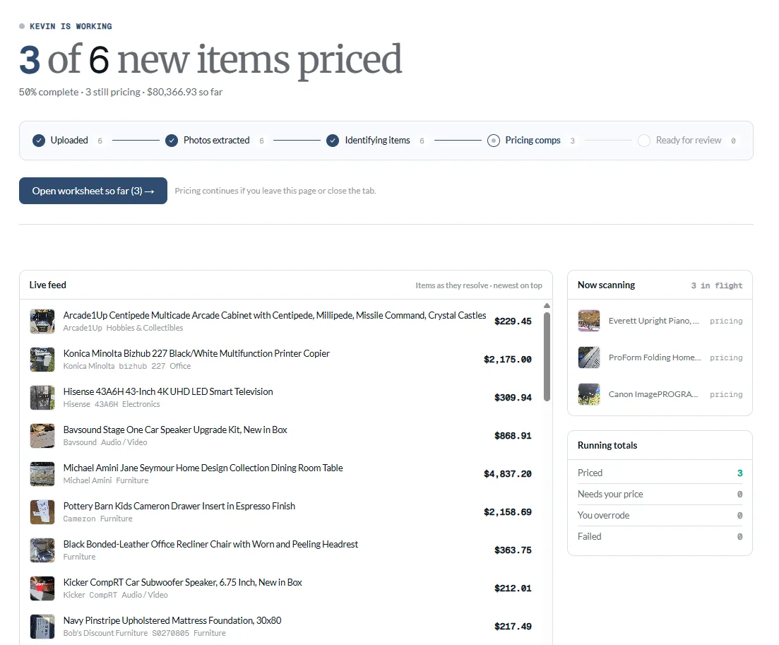 Processing: a progress bar for the run, beside a live feed of items as they resolve, each showing make, model, content class and price