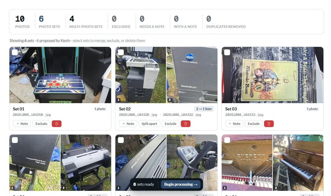 Staging: ten photos grouped into six proposed photo sets, several badged two photos to one item, each with merge, note, exclude and delete controls