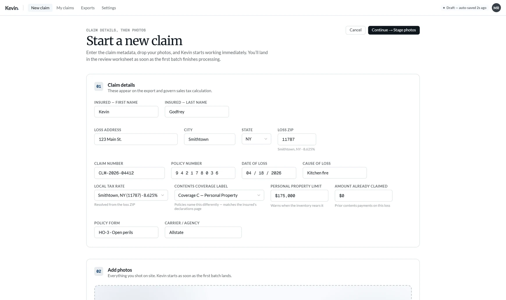 Kevin new-claim intake form — insured, carrier, policy and loss details with the contents coverage limit and loss ZIP