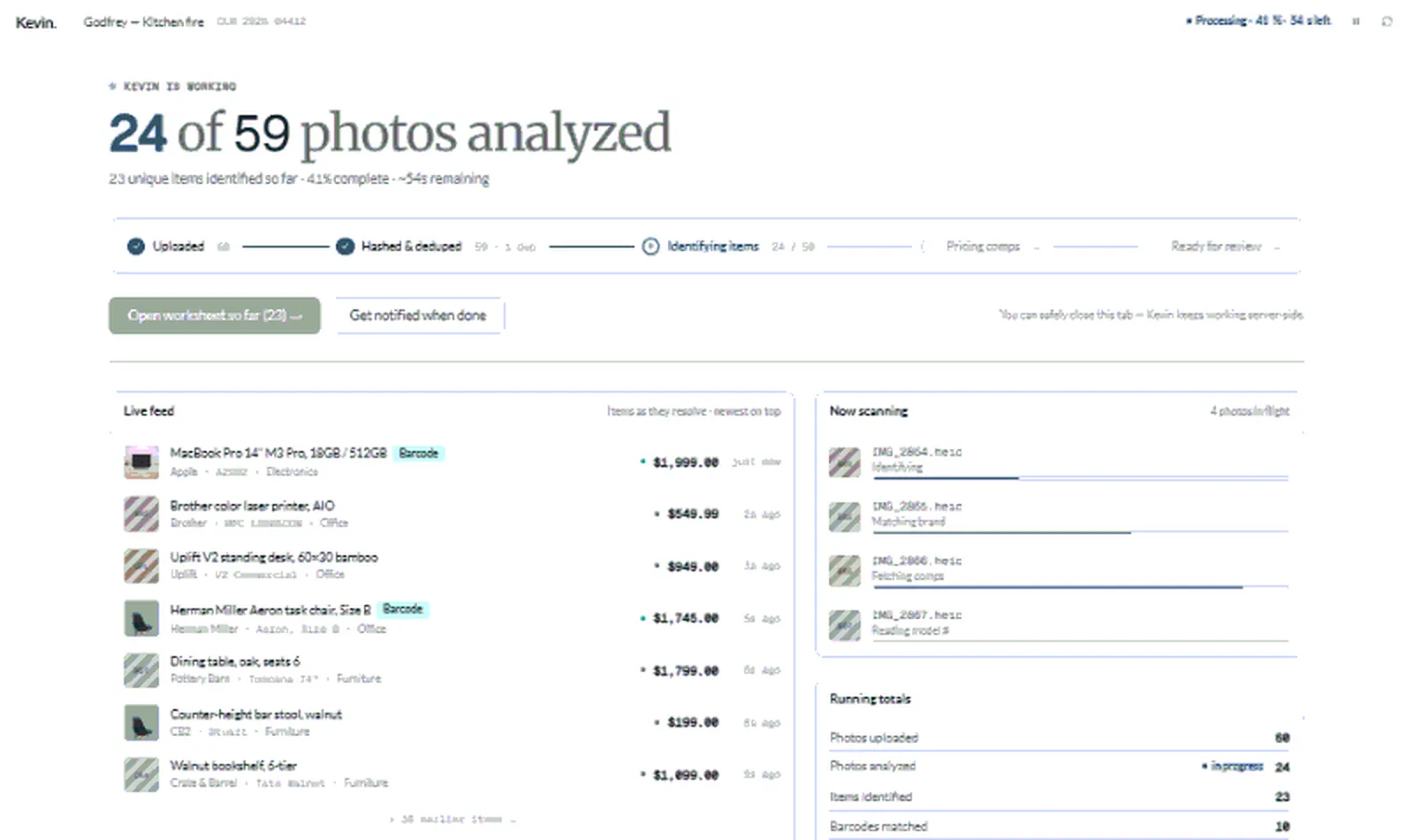 Kevin processing — items resolving into the worksheet as photos are identified, each with a confidence indicator and a live price